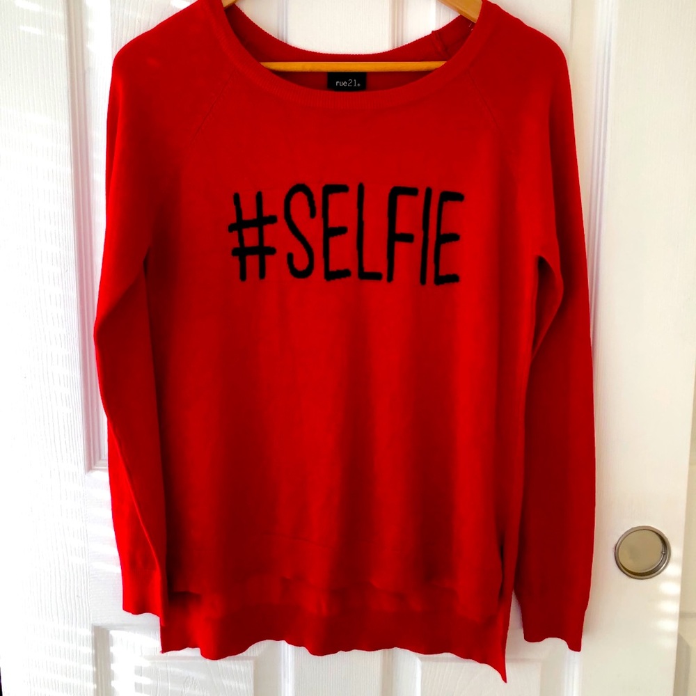 Rue 21 Red High Low “Selfie” Long Sleeve Sweater